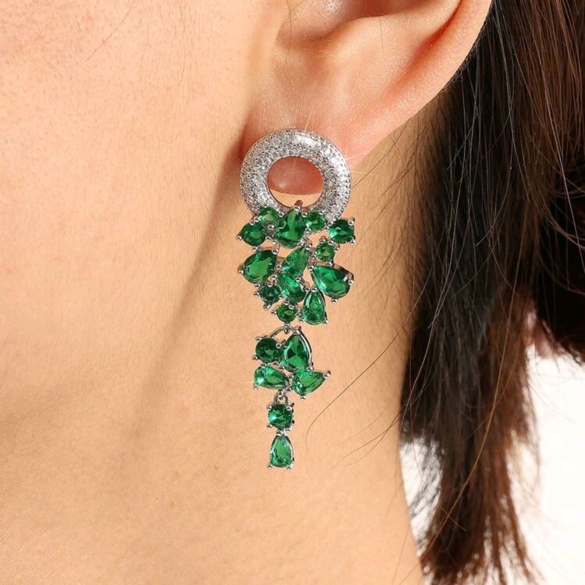 Elegant Silver And Green Drop Earrings